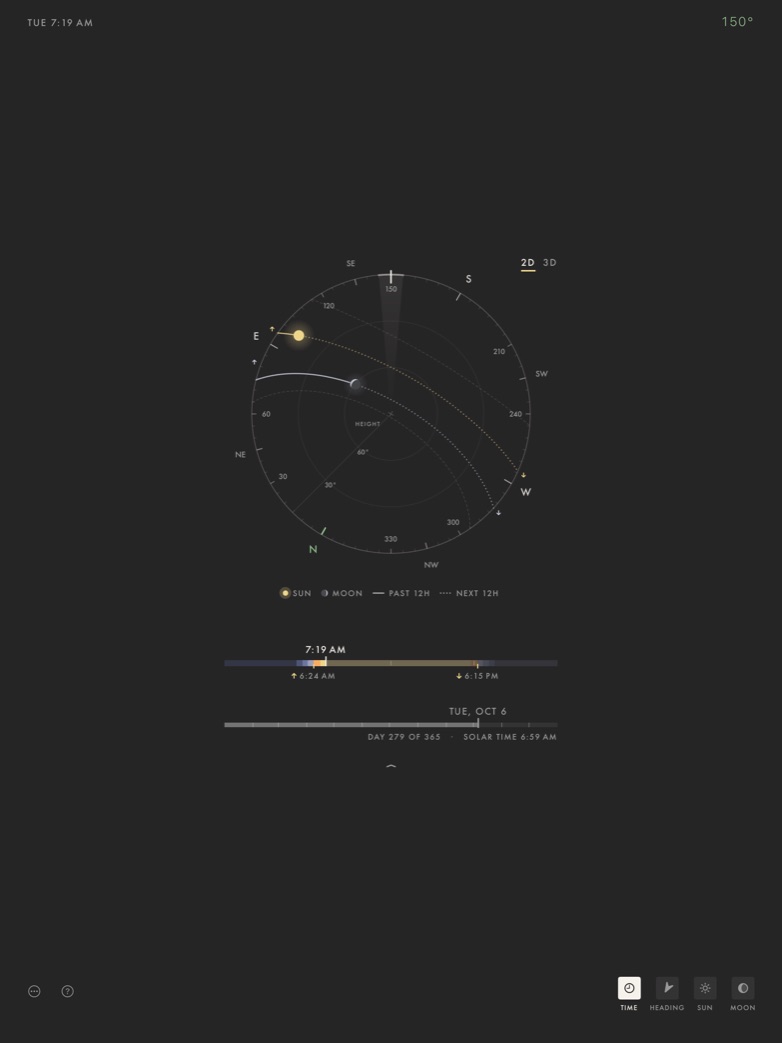 The sky dial on iPad, with the sun and moon, and the time and date beneath