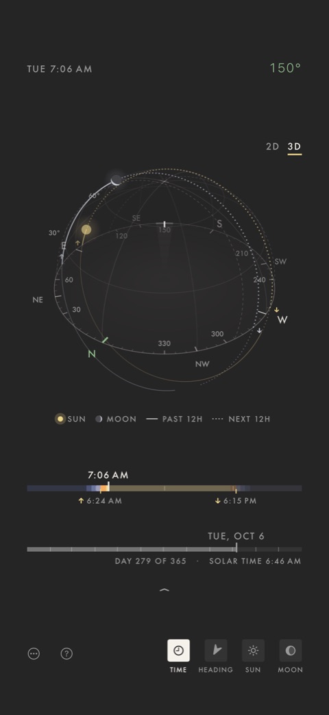 The sky raised into a dome in 3D, with the sun's and moon's paths