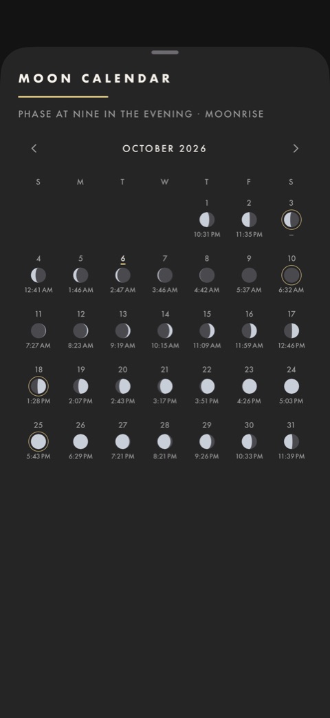 The moon calendar for October 2026, with each night's phase at nine in the evening and the time of moonrise