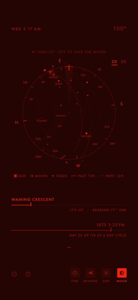 The night sky in night mode, with the dial, stars, and lines all in deep red
