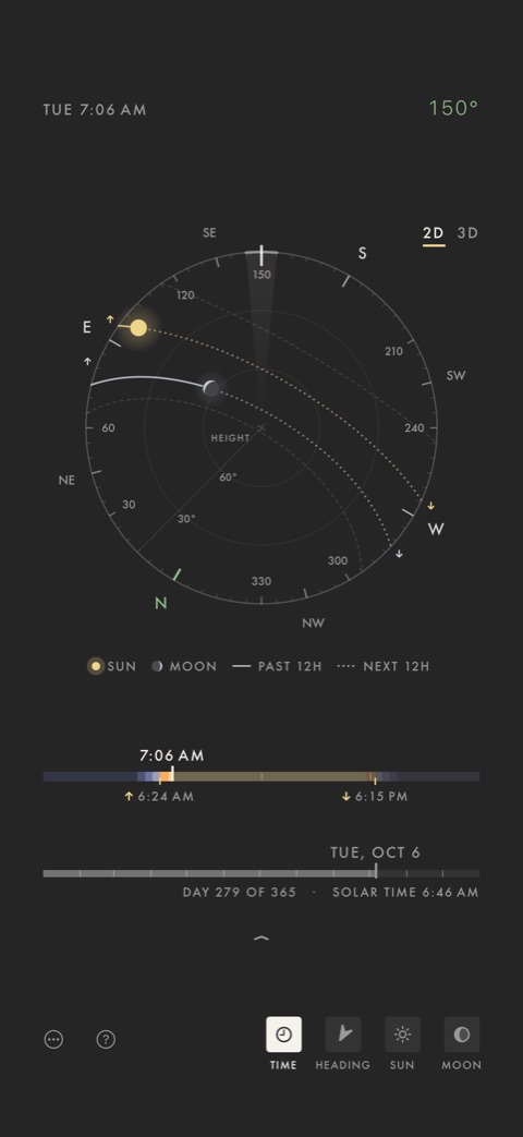 The sky dial with the sun just up in the east and the moon high, and the time and date marked on bars of the day and the year