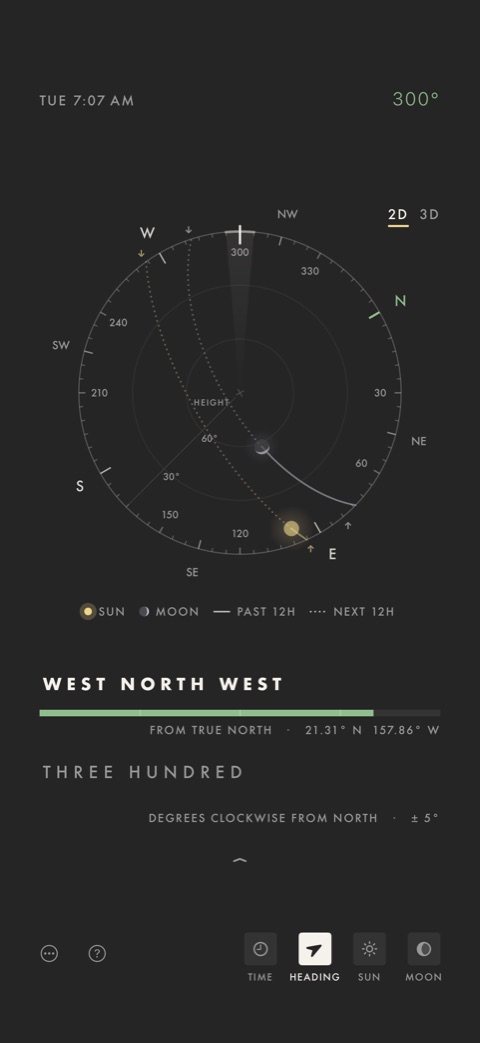 The heading spelled out in words: west north west, three hundred degrees clockwise from north