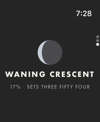The Moon page on Apple Watch: a waning crescent, 17% lit, setting at three fifty-four