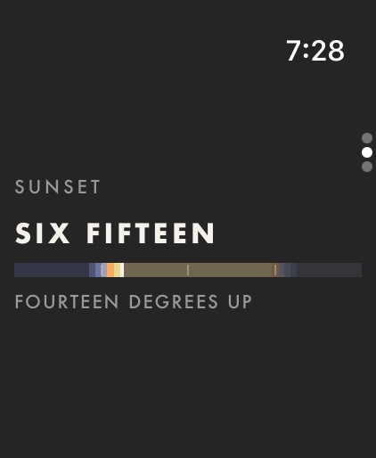 The Sun page on Apple Watch: sunset at six fifteen, with the sun fourteen degrees up