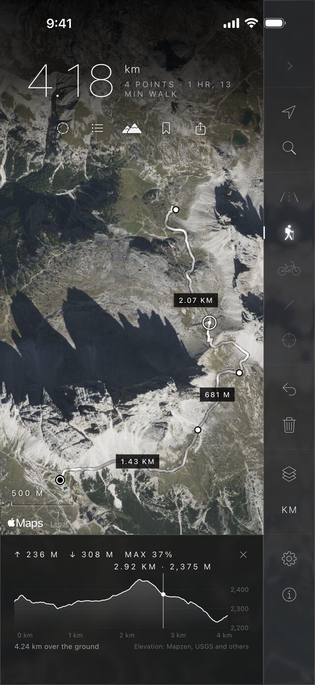 The elevation profile of a walk around the Three Peaks of Lavaredo, on iPhone
